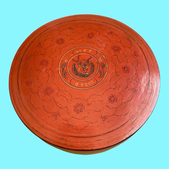 Antique Asian Burmese Red Cinnabar Lacquered Betel Box Hand Crafted & Painted - Picture 3 of 11